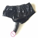 Sexy Women Silicone Inside Dildo Patent Leather Panties Briefs Rubberized Pants Anal Butt  Plug Chastity Underwear Sex Toys