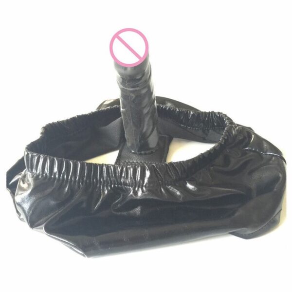 Sexy Women Silicone Inside Dildo Patent Leather Panties Briefs Rubberized Pants Anal Butt  Plug Chastity Underwear Sex Toys