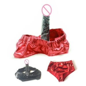 Sexy Women Silicone Inside Dildo Patent Leather Panties Briefs Rubberized Pants Anal Butt  Plug Chastity Underwear Sex Toys